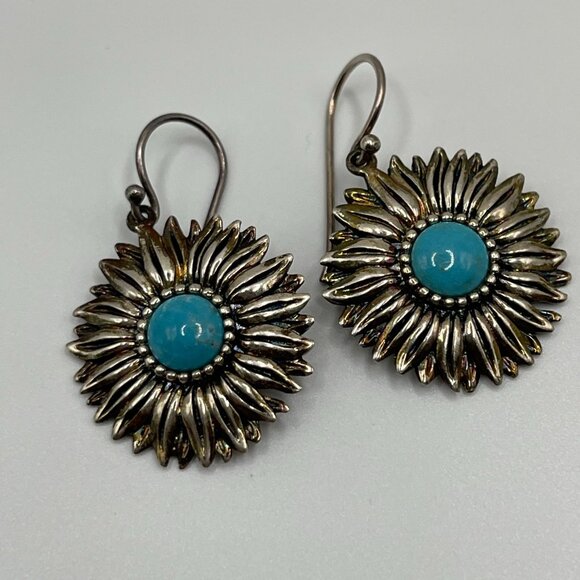 925 Sterling Silver Turquoise Sunflower Earrings – Oxidized Vintage Style